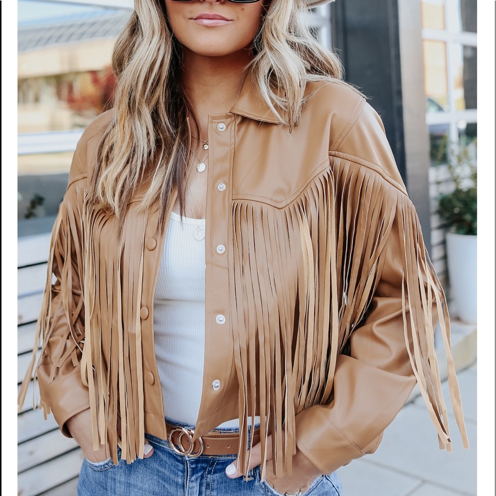Western Faux Leather Fringe Camel Jacket